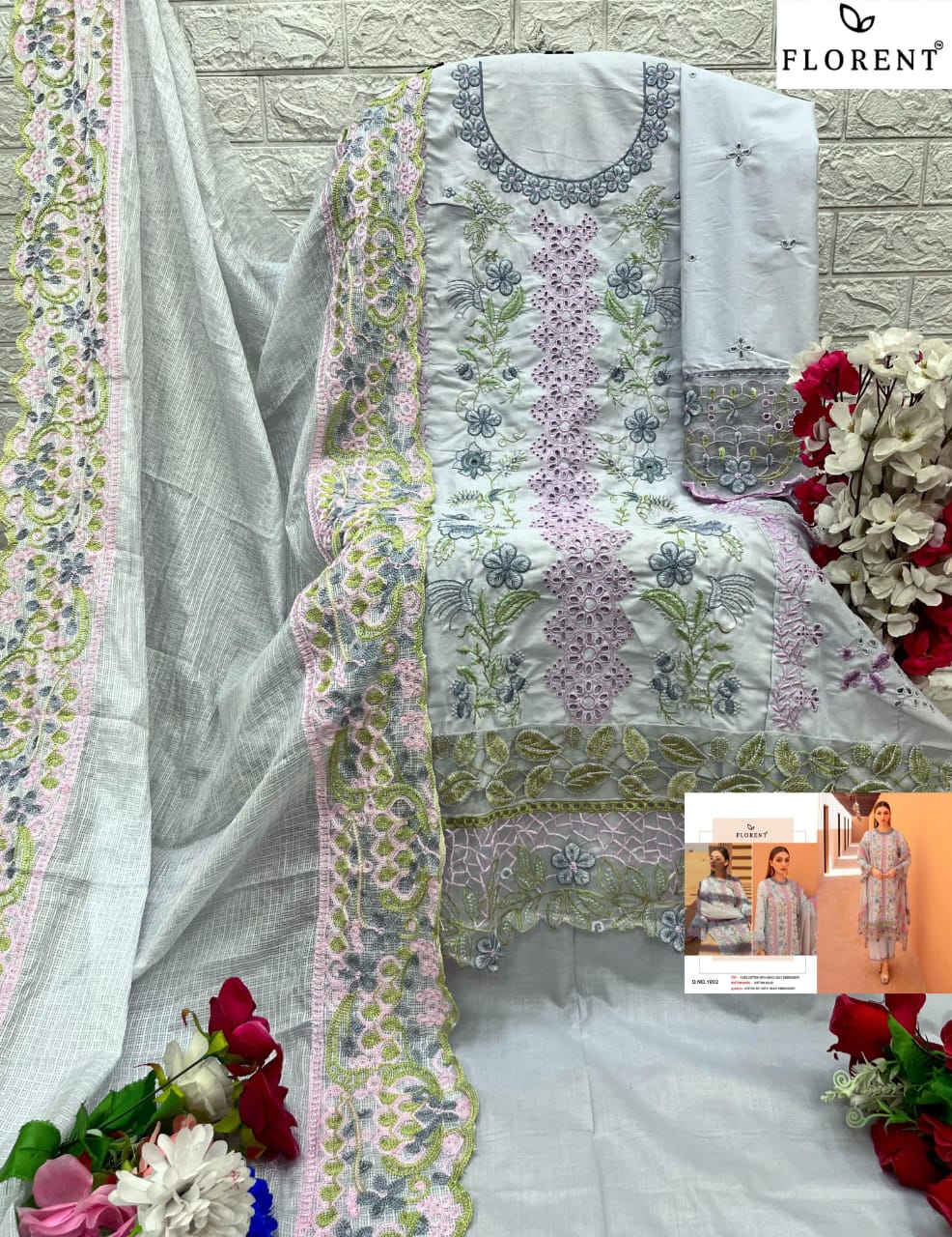 Florent 1001 To 1003 Embroidery Cotton Pakistani Suits Wholesale Price In Surat
